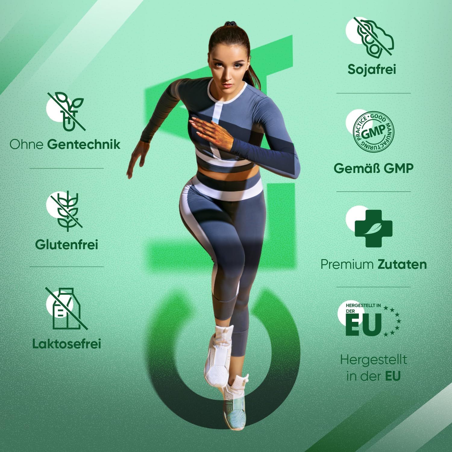 Donna in abbigliamento sportivo che corre. Sull'immagine, simboli per: Senza OGM, Senza glutine, Senza lattosio, Senza soia, Ingredienti premium, Prodotto nell'UE.