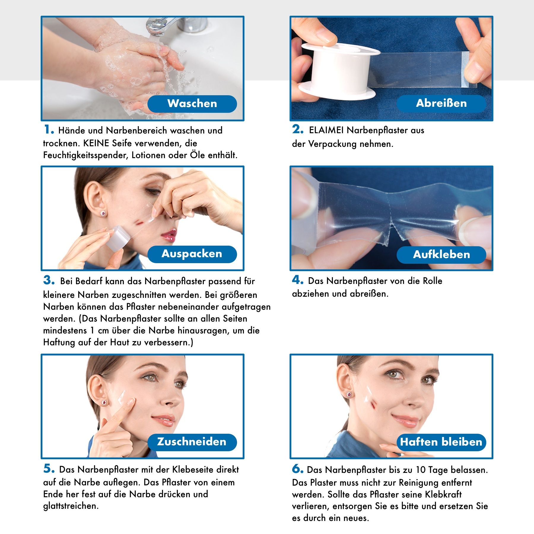 Istruzioni per l'uso. Lavare le mani, strappare il cerotto, applicare, tagliare, applicare, attaccare.