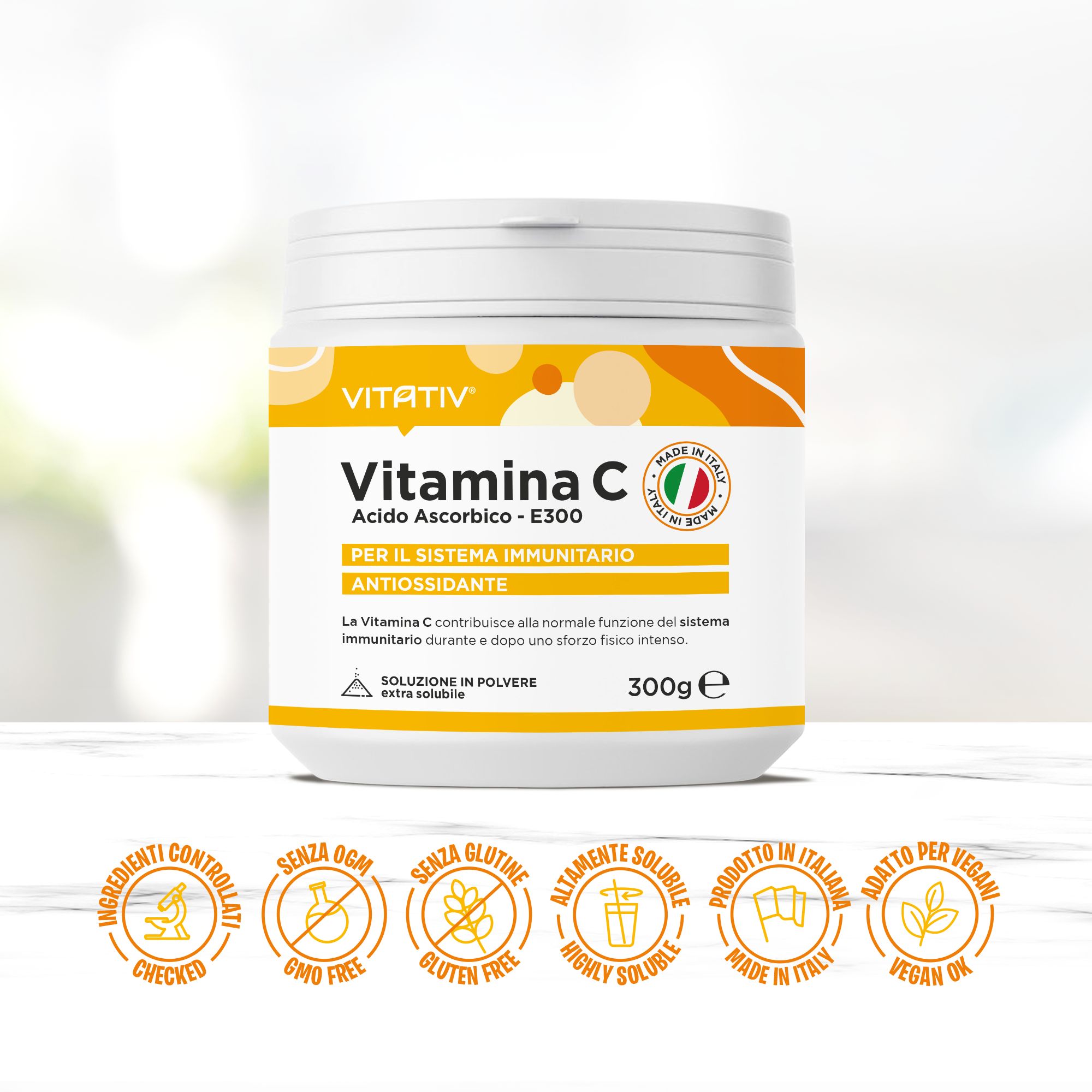 Vitativ® Vitamina C 300g Pura, Acido Ascorbico E300 in polvere solubile | Sistema immunitario