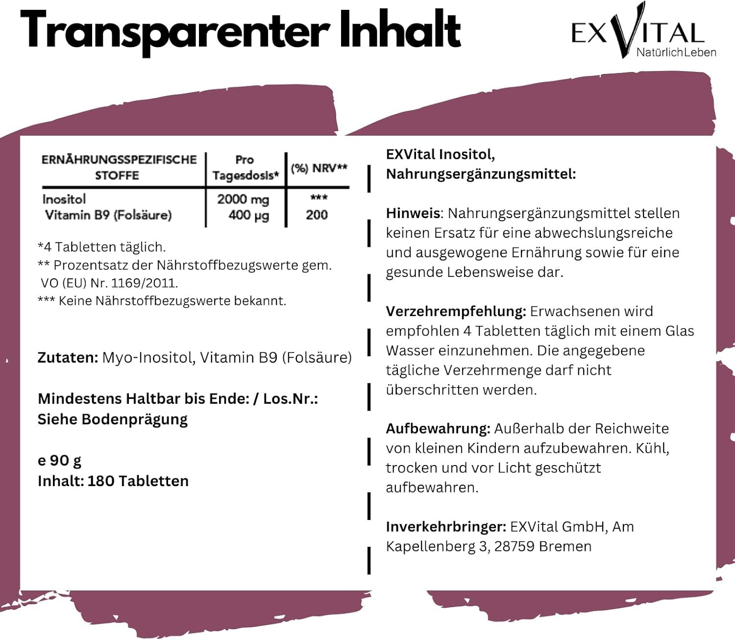 Testo: Informazioni nutrizionali, ingredienti, raccomandazioni per l'uso, conservazione. EXVital Inositolo, integratore alimentare. 180 compresse.