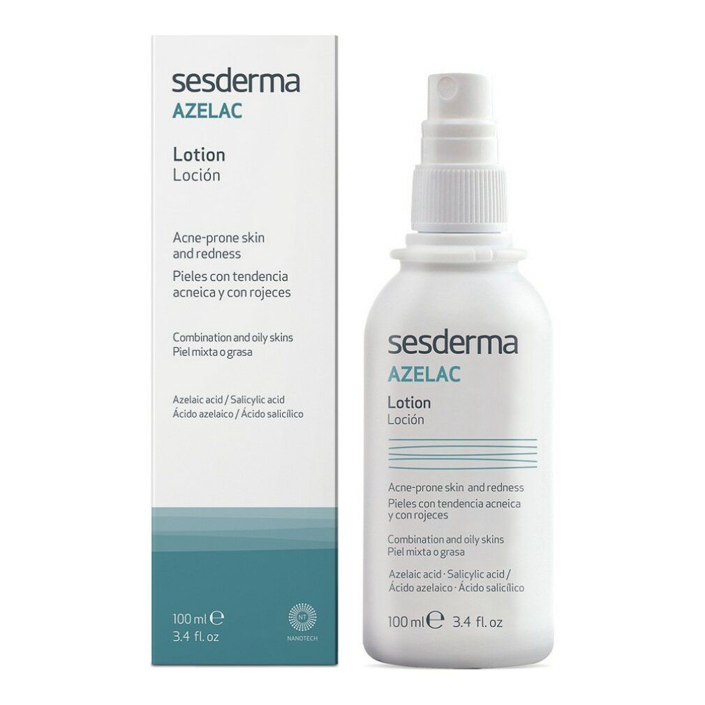 Sesderma Azelac Lozione e scatola. Flacone bianco con vaporizzatore. Scritta: Azelac Lozione. Per pelli a tendenza acneica e arrossamenti. 100 ml.