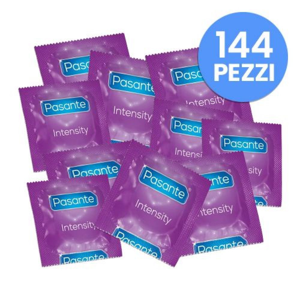 Confezione di preservativi Pasante Intensity. Incarti viola. Adesivo: "144 PEZZI".
