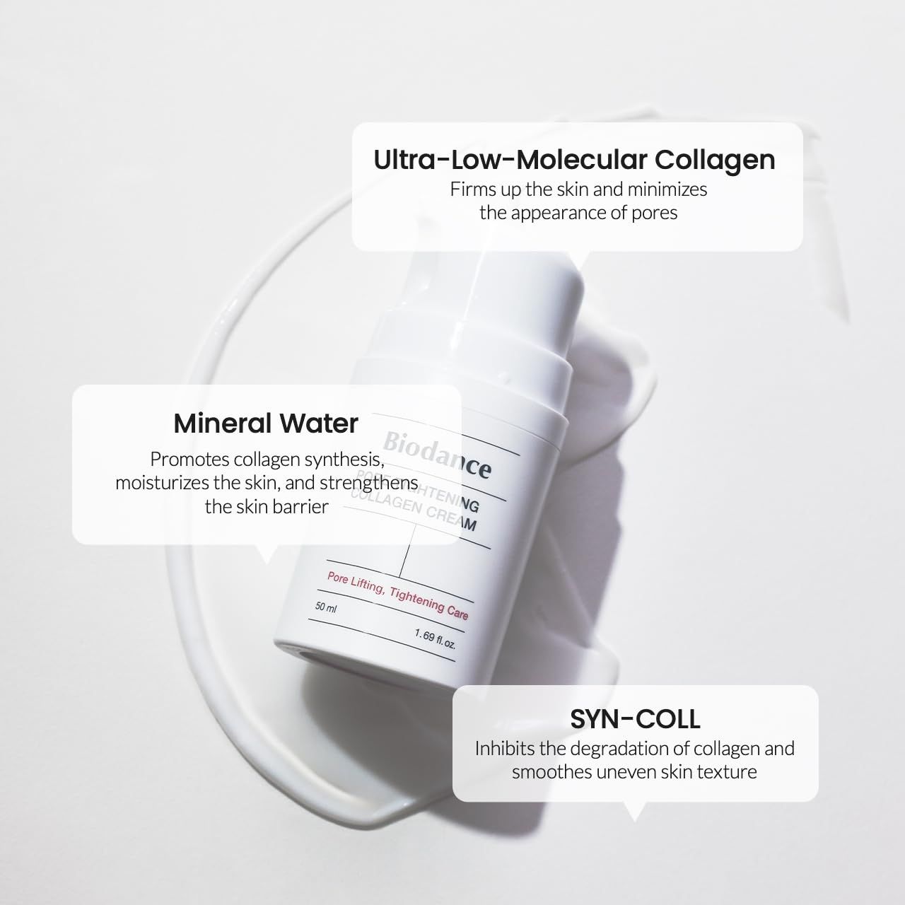 Flacone di prodotto con testo: Biodance Pore Tightening Collagen Cream. Etichette: Ultra-Low-Molecular Collagen, Mineral Water, SYN-COLL.