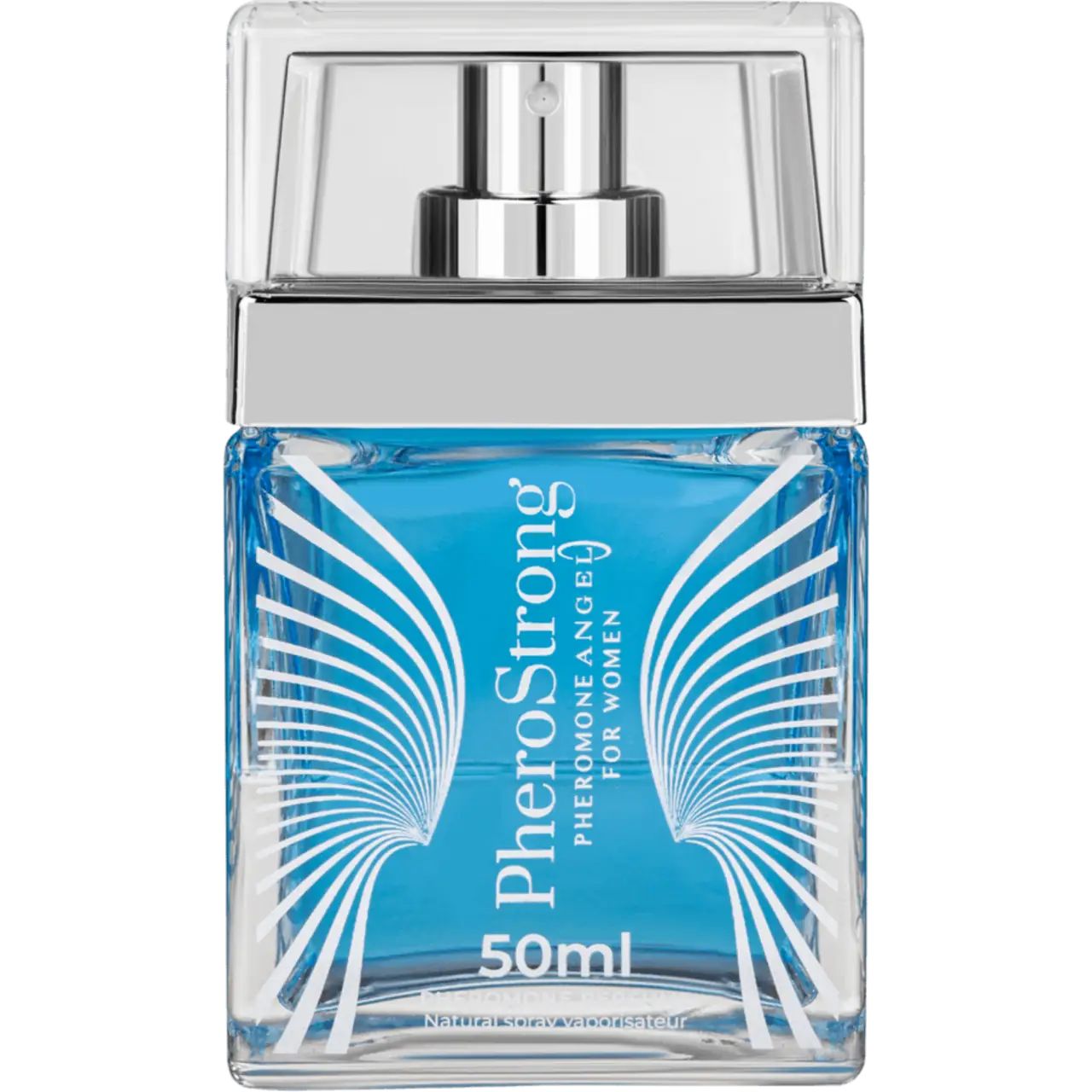 Flacone quadrato con liquido blu e vaporizzatore. Scritta: PheroStrong, 50ml, Pheromone Angel for Women.