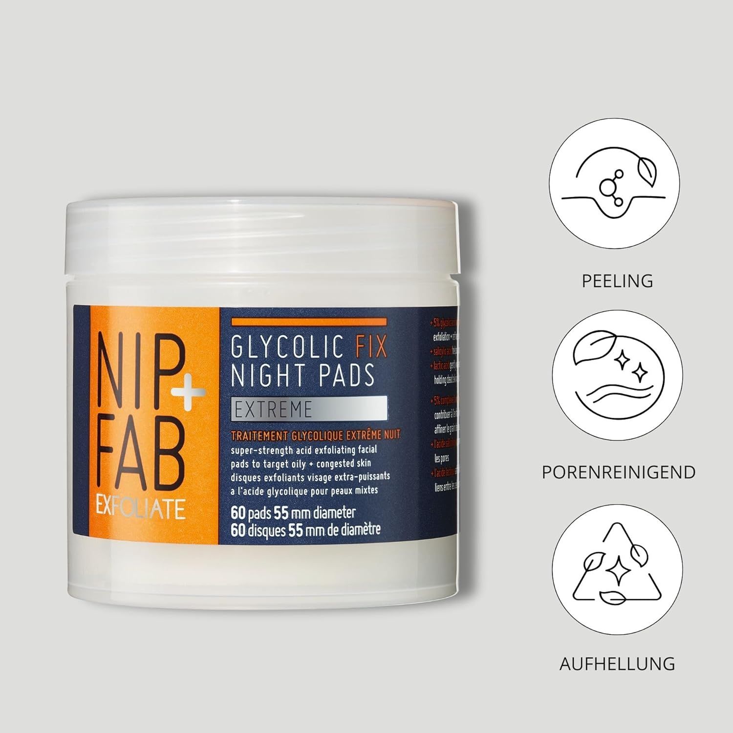 Vasetto bianco con Nip+Fab Glycolic Fix Night Pads. Scritta: Glycolic Fix Night Pads Extreme.