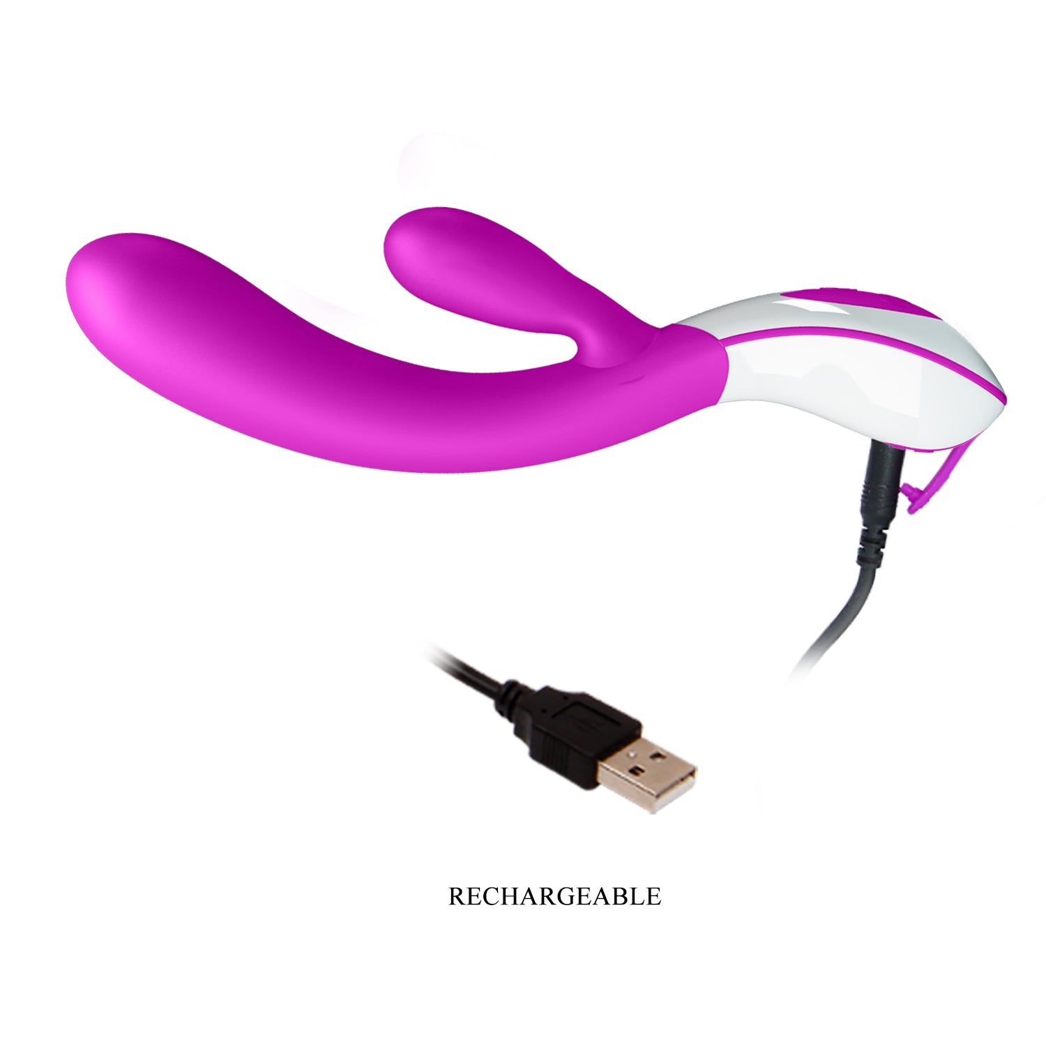 Vibratore viola con impugnatura bianca. Cavo di ricarica USB. Etichetta: RECHARGEABLE.