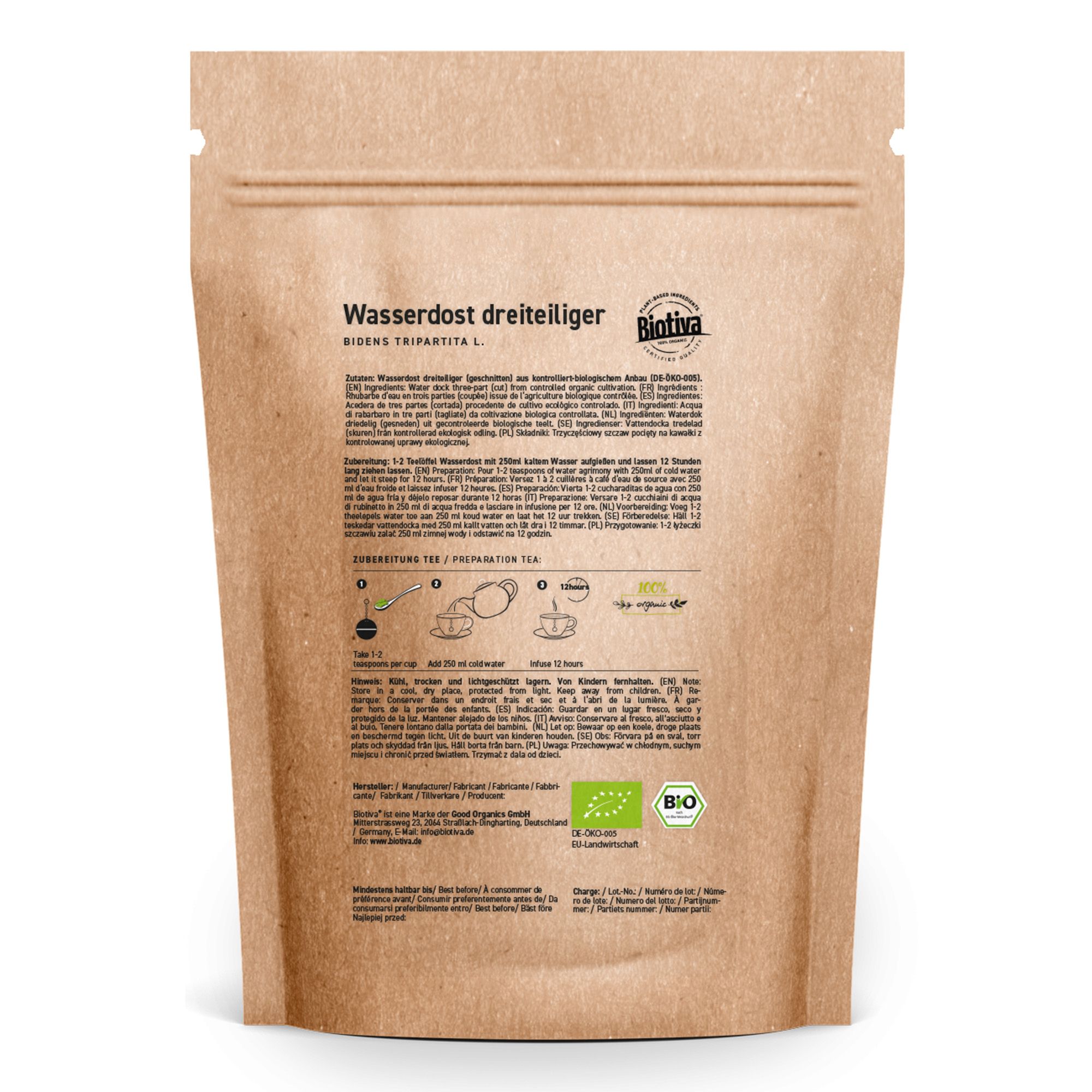 Confezione di carta marrone con stampa. Testo: Wasserdost dreiteiliger, Biotiva, sigillo biologico, istruzioni per la preparazione.