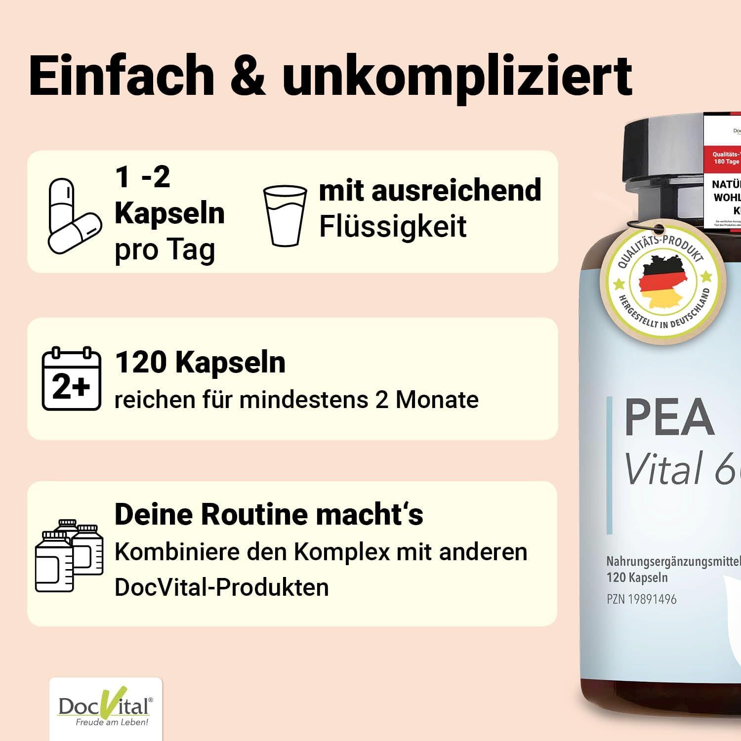 Flacone di capsule DocVital PEA Vital 600, 120 pezzi. Informazioni sull'assunzione e sul dosaggio.