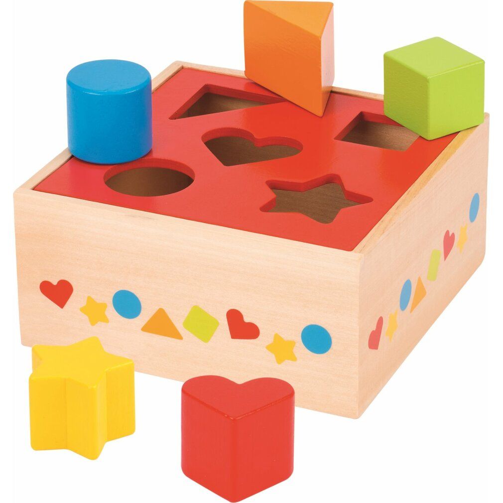 Scatola di legno con forme colorate da inserire. Coperchio rosso con fori. Diverse forme accanto.