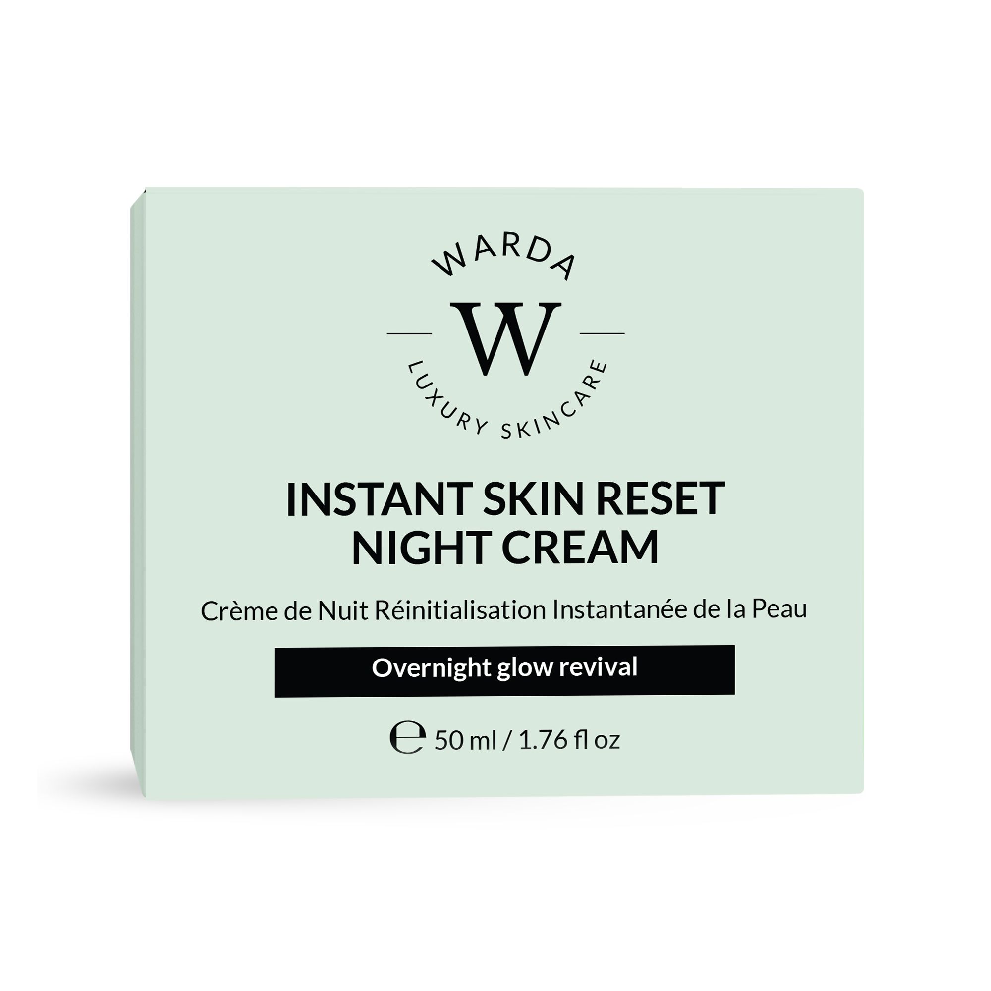 Scatola con scritta: Instant Skin Reset Night Cream. Marchio: Warda Luxury Skincare. Crema notte. 50 ml.