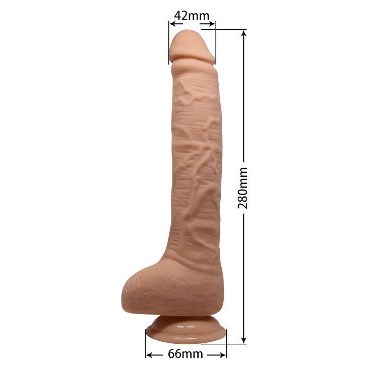 Dildo beige con fusto strutturato. Dimensioni: 280mm lunghezza, 42mm diametro punta, 66mm base.