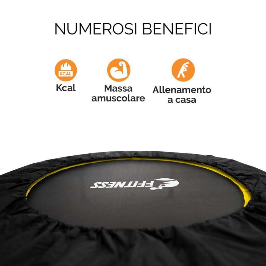 Primo piano del trampolino. Logo FFitness. Simboli: calorie, massa muscolare, allenamento a casa.