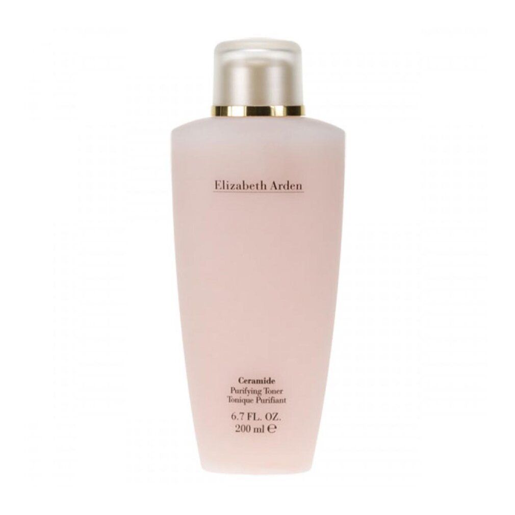 Toner Elizabeth Arden. Liquido rosa in flacone con tappo dorato. Scritta: Ceramide Purifying Toner. 6.7 FL. OZ. 200 ml.