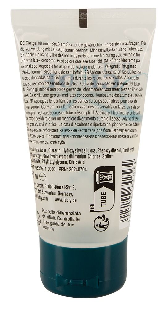 Retro di un tubo trasparente con tappo blu. Testo multilingue. Informazioni sugli ingredienti e sul produttore.