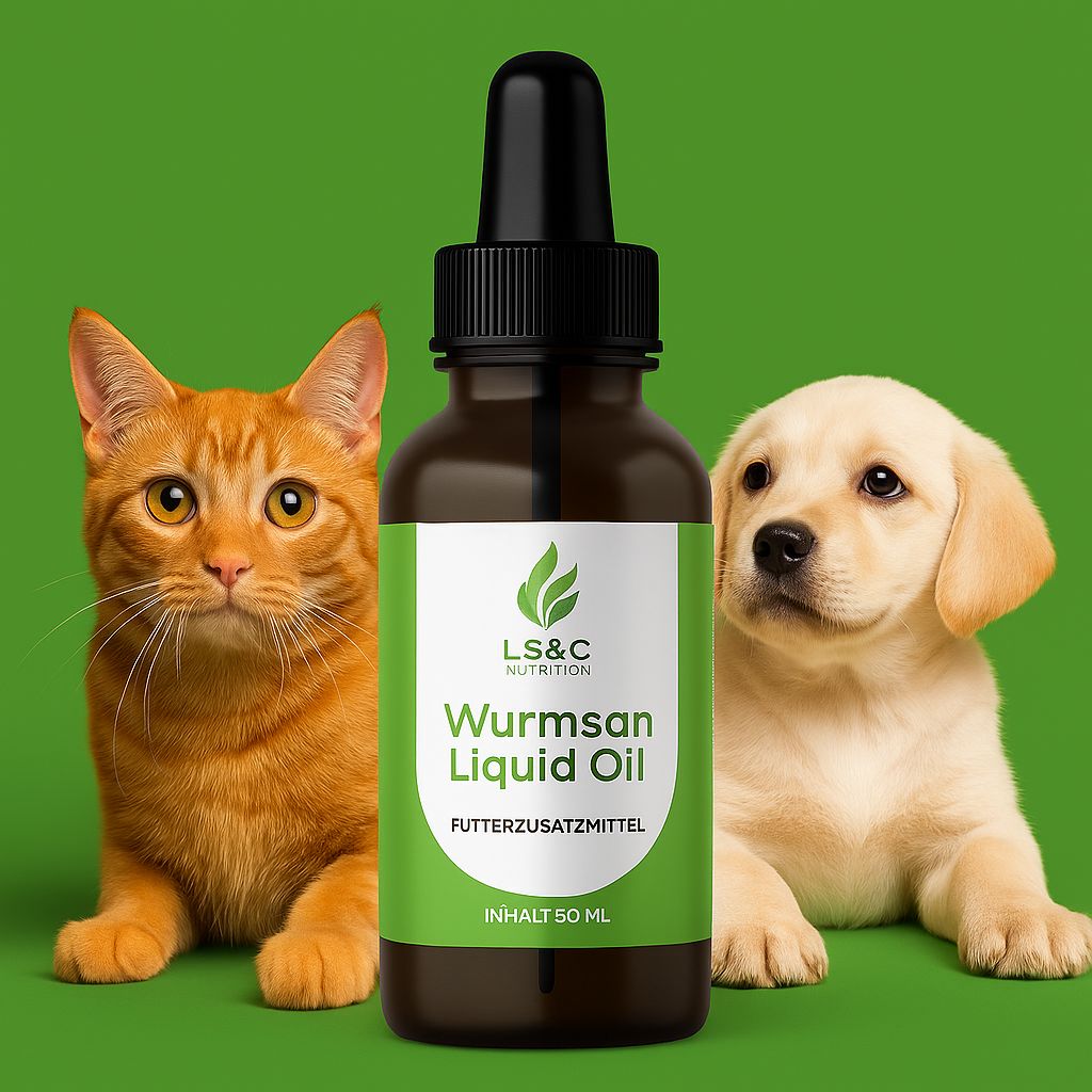 Flacone di vetro marrone con contagocce, etichetta con LS&C Nutrition, Wurmsan Liquid Oil. Gatto e cane accanto al flacone su sfondo verde.
