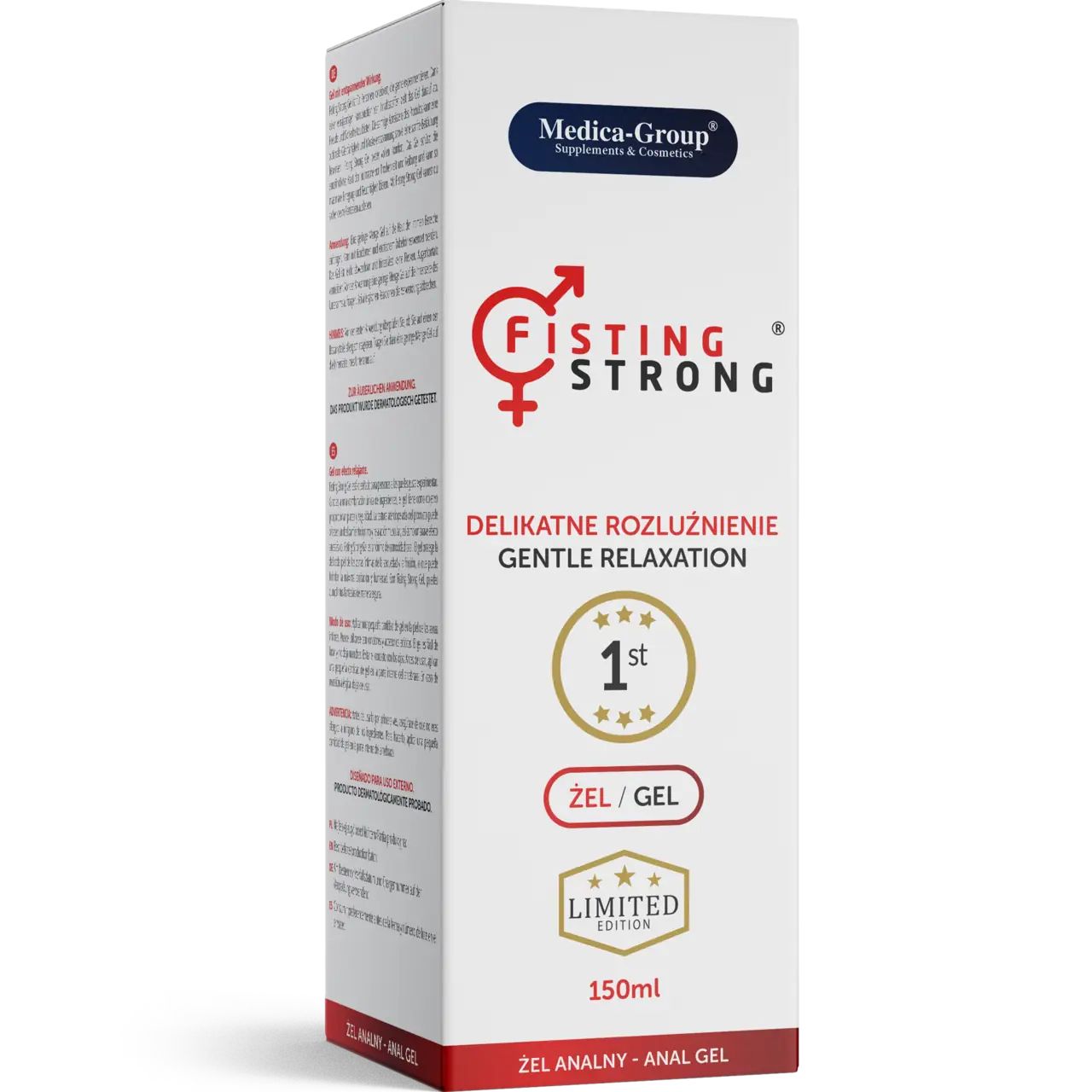 Confezione bianca con scritta: FISTING STRONG, DELIKATNE ROZLUŹNIENIE, GENTLE RELAXATION, ZEL/GEL, LIMITED EDITION, 150ml.