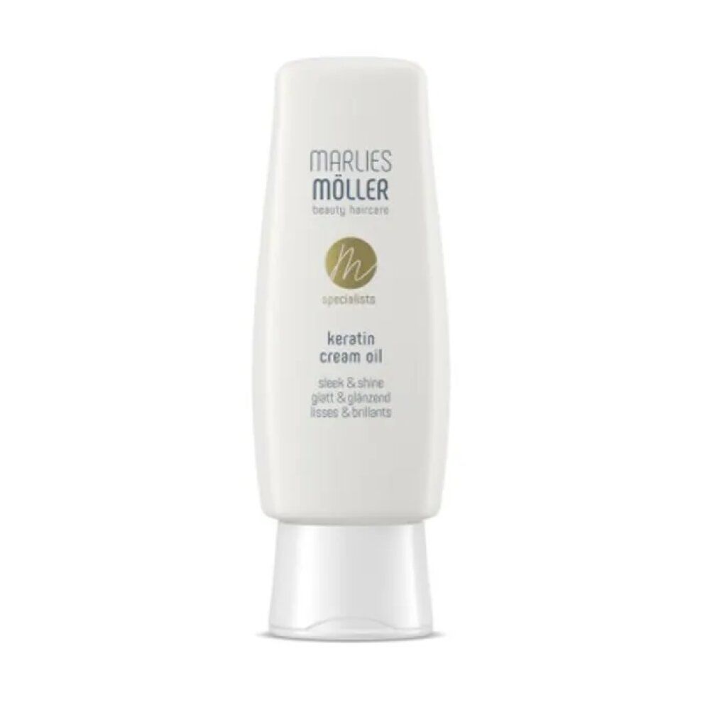 Flacone bianco con etichetta. Scritta: Marlies Möller, Keratin Cream Oil. Testo in tedesco, inglese e francese.