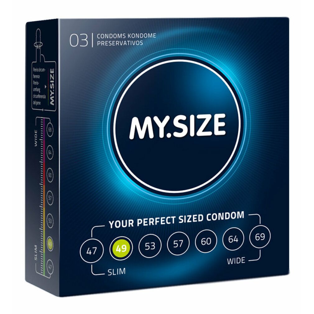 Confezione di preservativi MY.SIZE PRO. Misura 49mm evidenziata. Scritta: preservativi.