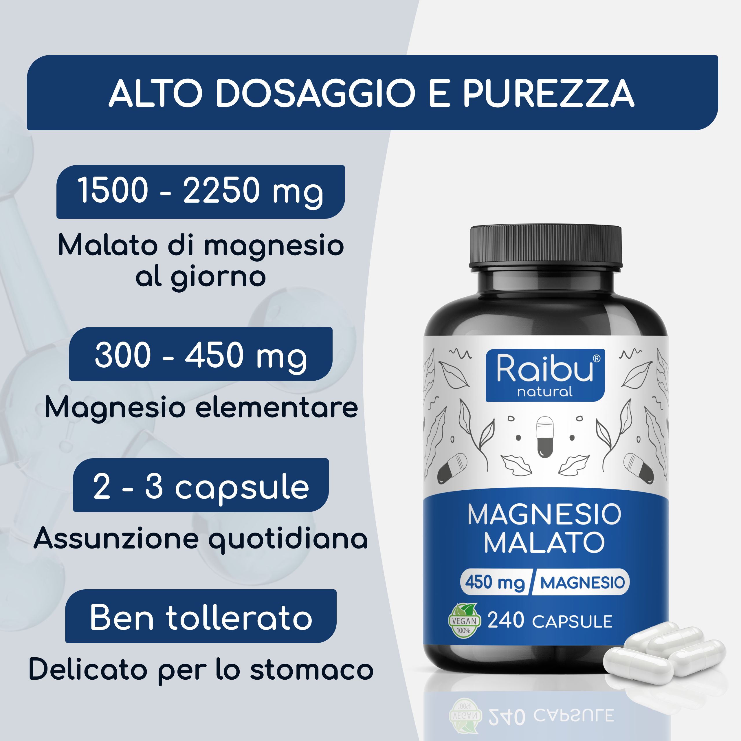 Magnesio Malato - Normale Metabolismo Energetico, Stanchezza e Funzione Muscolare - RAIBU