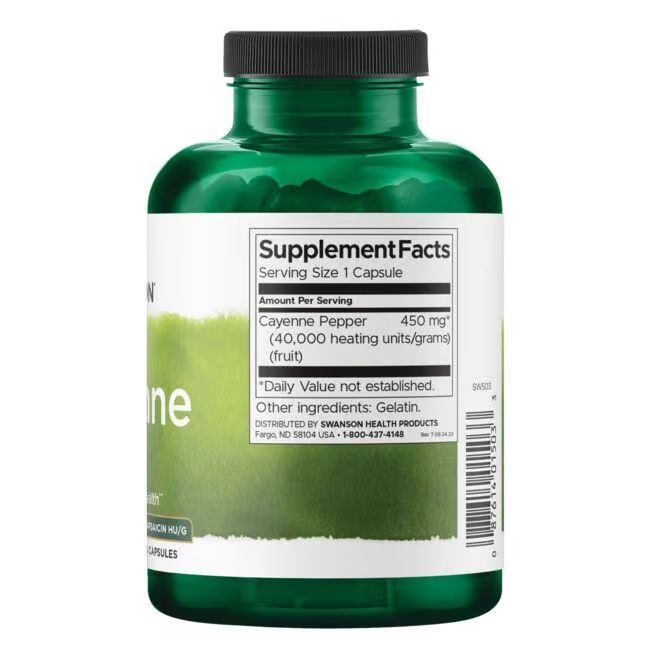 Retro del flacone verde. Scritta: Supplement Facts, Cayenne Pepper 450 mg, 300 capsule. Tappo nero.