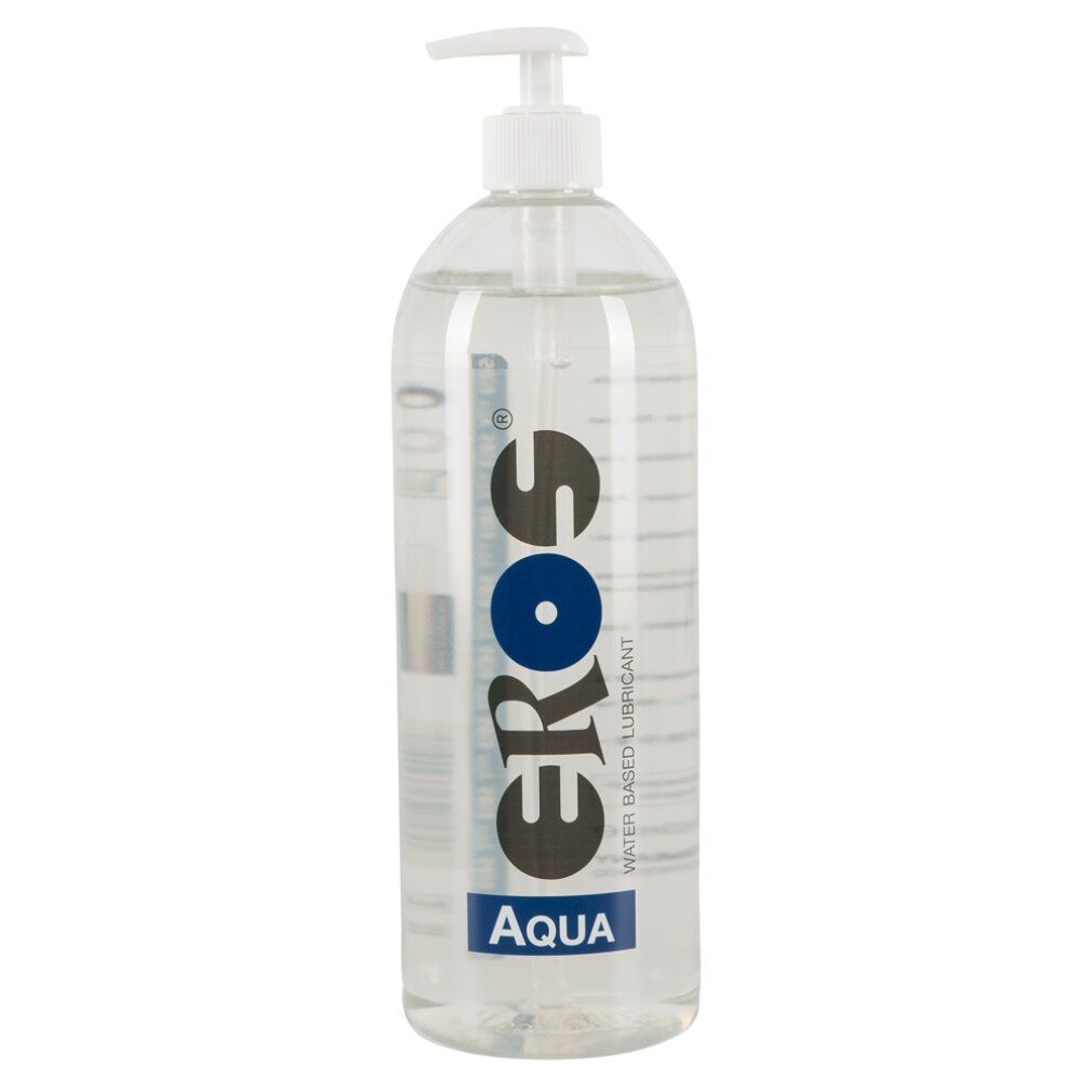 Flacone trasparente con dosatore. Scritta: EROS Aqua. Lubrificante a base d'acqua.