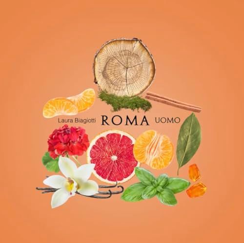 Composizione di ingredienti per Laura Biagiotti Roma Uomo. Sfondo arancione. Frutta, fiori, spezie.