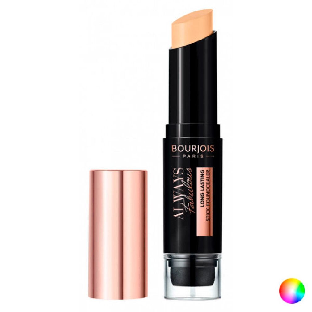 Stick fondotinta Bourjois Always Fabulous. Tappo oro rosa. Prodotto aperto. Nome e marchio visibili.