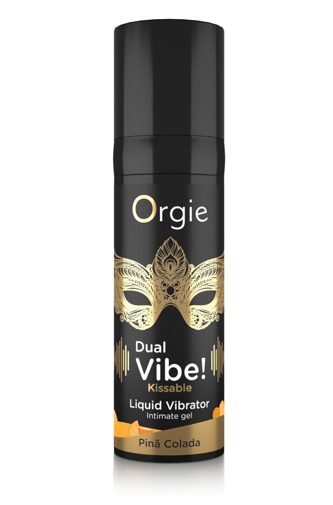 Flacone nero con maschera dorata e testo. Contiene 'Dual Vibe! Kissable Liquid Vibrator' e 'Pinã Colada'.