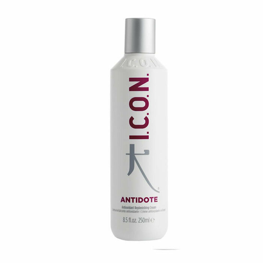 Flacone bianco con tappo argentato. Scritta: I.C.O.N. Antidote Antioxidant Replenishing Cream. Scritta e logo rossi.