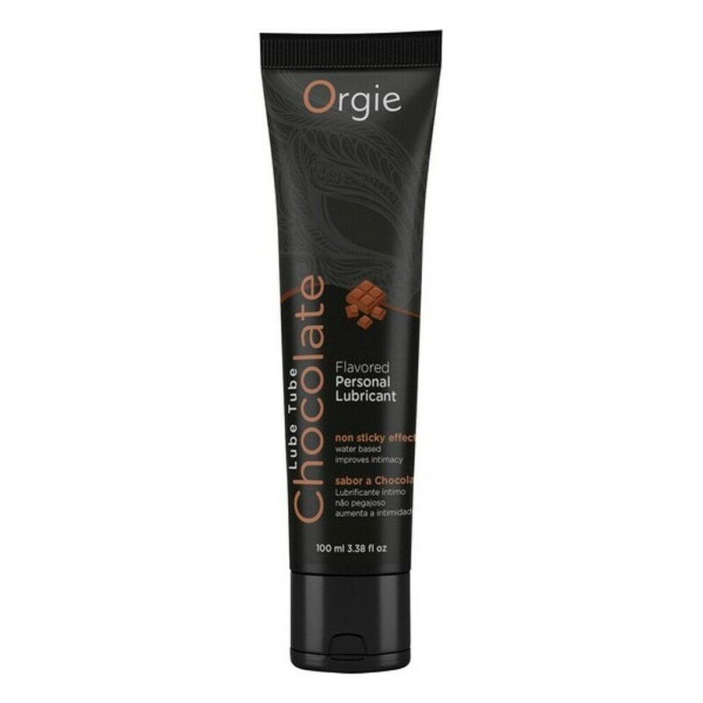 Tubo nero con nome del prodotto e immagine cioccolato. Marchio: Orgie. Testo: Chocolate, Flavored Personal Lubricant.