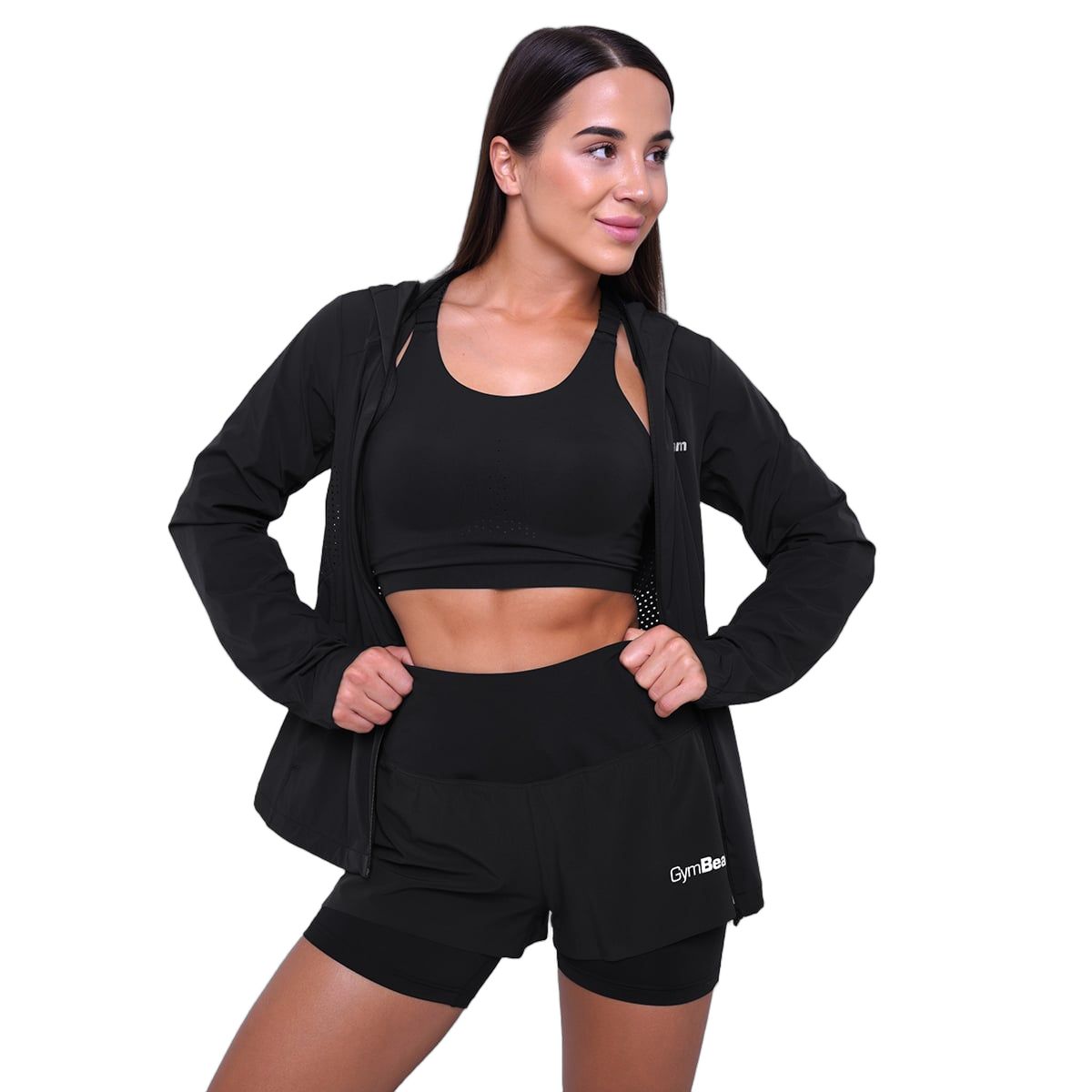 GymBeam Giacca Pulse Running donna slim con zip cappuccio Black