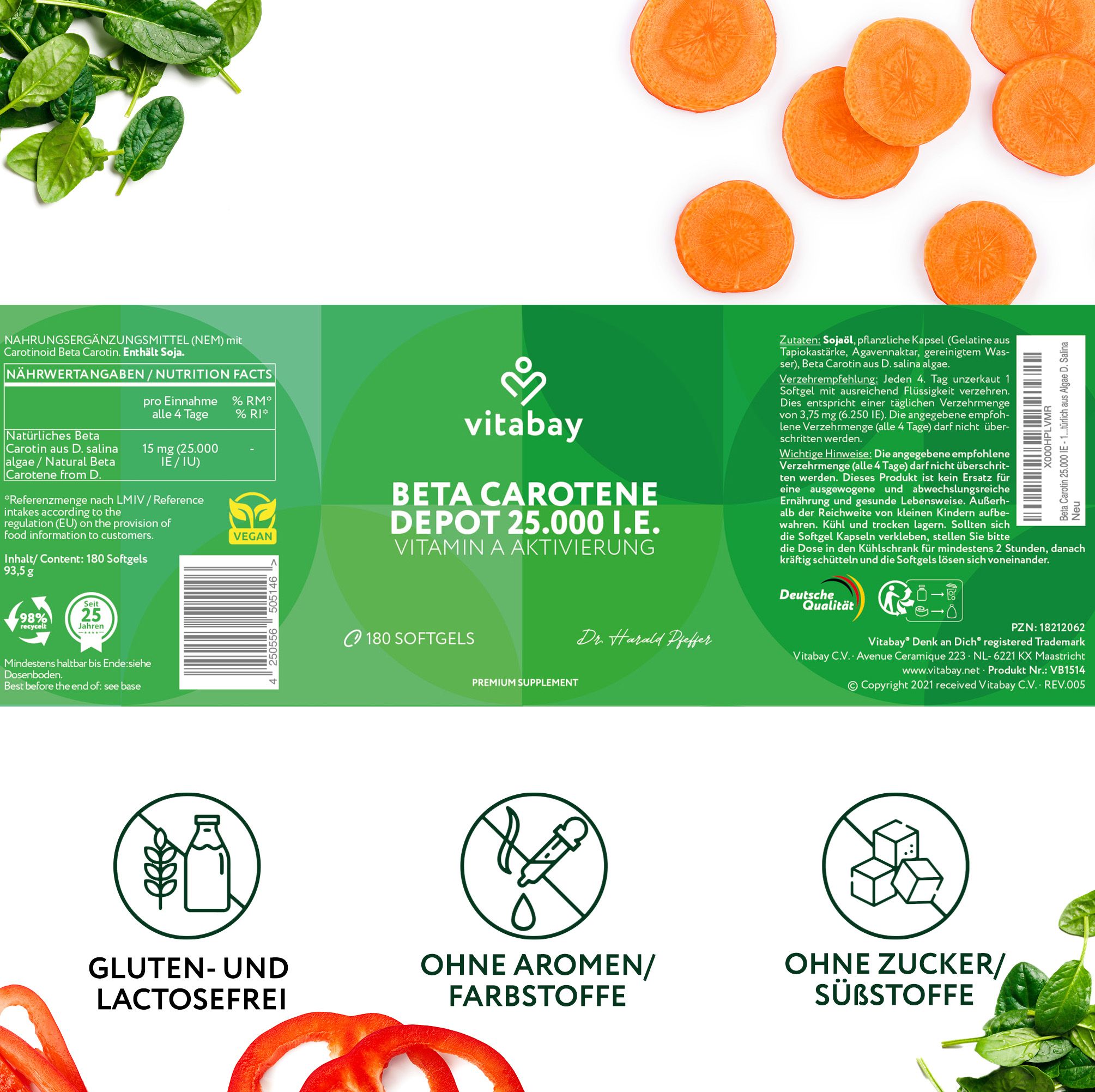 Retro di una confezione Vitabay Beta Carotin Depot 25.000 I.E. Testo: 180 capsule, informazioni nutrizionali, ingredienti. Loghi: Vegan, senza glutine e senza lattosio.