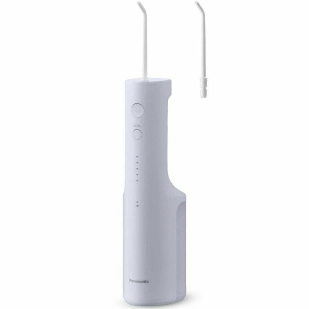 Idropulsore bianco con due beccucci. Design verticale con pulsanti e indicatore di carica. Logo Panasonic.
