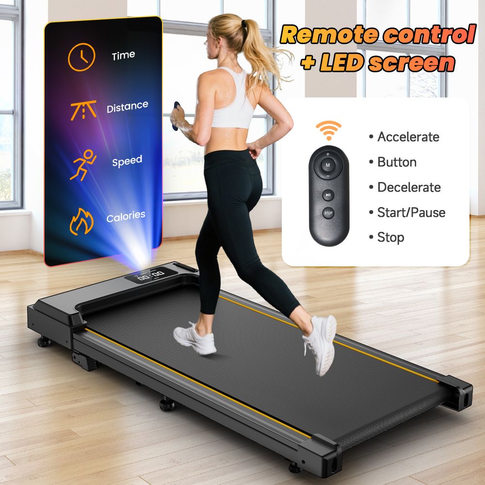 Donna che corre su un tapis roulant. Telecomando e schermo LED con tempo, distanza, velocità e calorie.