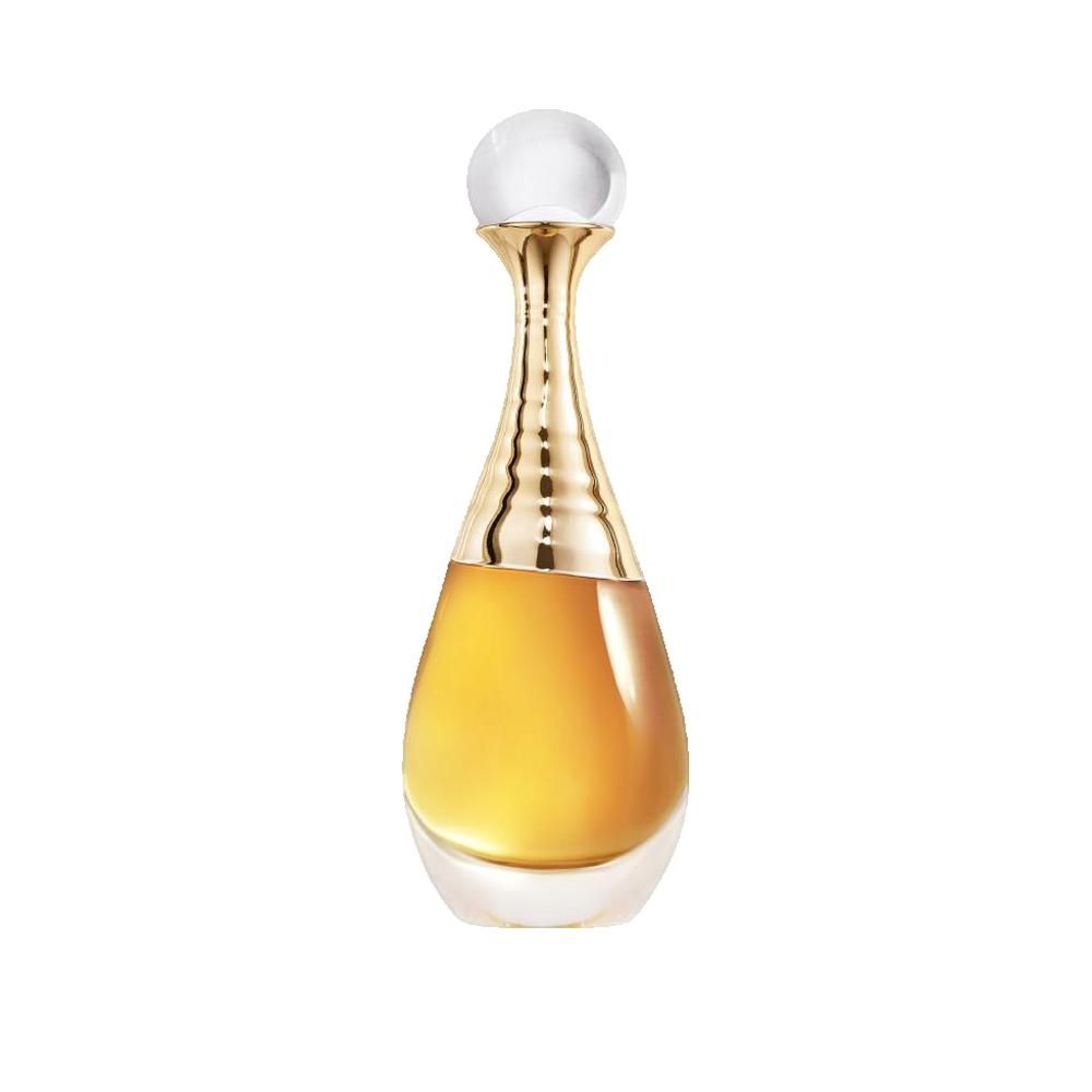 Flacone di profumo dorato a forma di goccia con tappo trasparente. Dior J'adore l'Or.