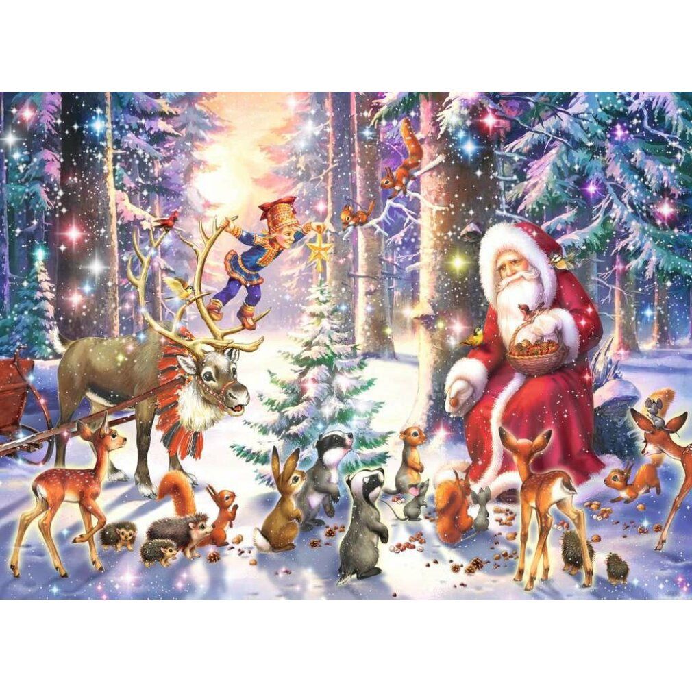 Puzzle natalizio con Babbo Natale, renne e animali in una foresta innevata. Molti animali intorno a Babbo Natale.