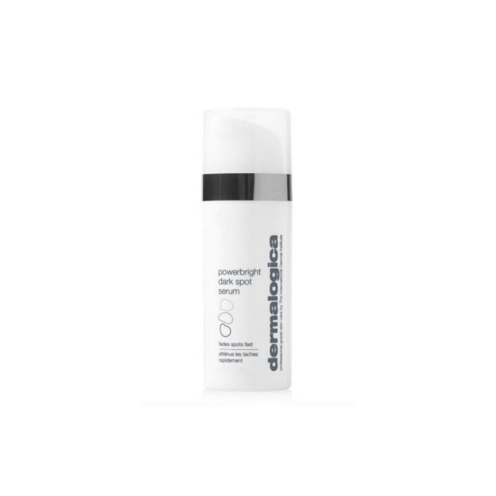 Flacone bianco con dosatore. Nome del prodotto e marchio visibili. Testo: 'fades spots fast'.