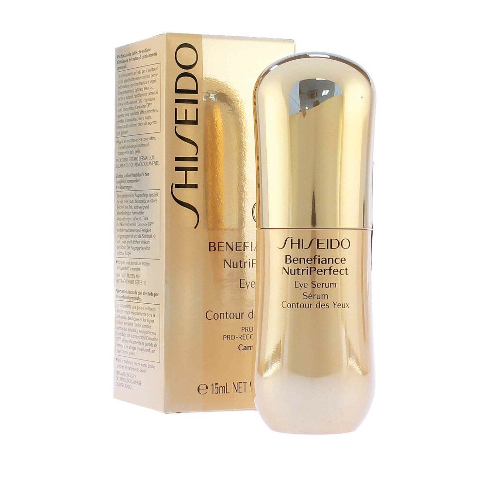Flacone e scatola di crema per occhi dorata. Scritta: Shiseido Benefiance NutriPerfect Eye Serum. 15ml.