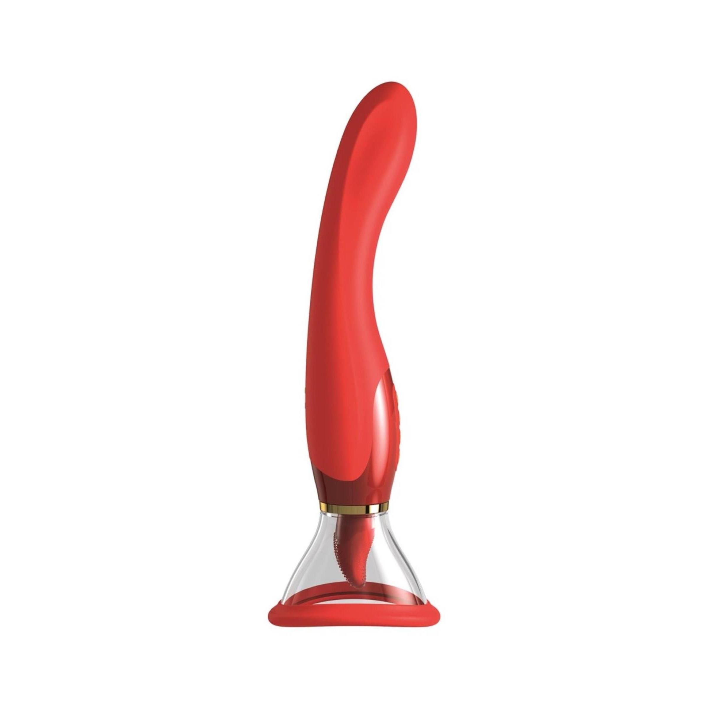 Massaggiatore rosso curvo con base trasparente.