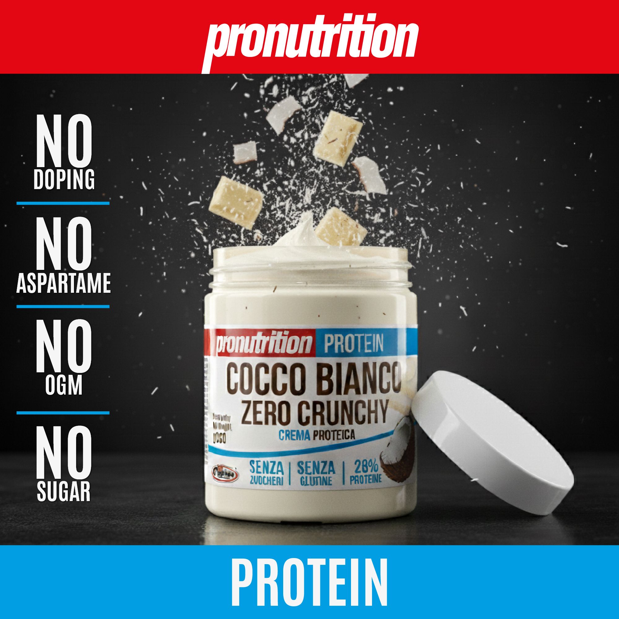Barattolo di crema bianca, pezzi di cocco che cadono. Testo: NO DOPING, NO ASPARTAME, NO OGM, NO ZUCCHERO. Marchio Pronutrition.