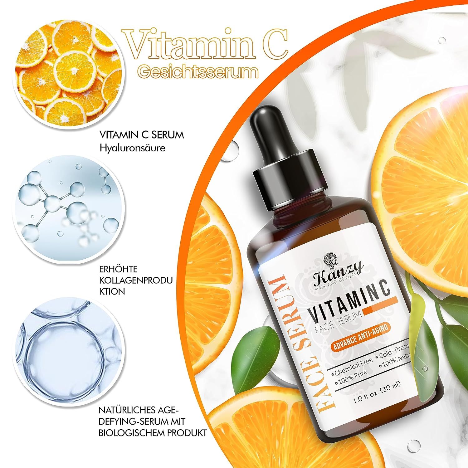Flacone marrone di siero alla vitamina C Kanzy. Scritta: Face Serum. Con arance e illustrazioni.