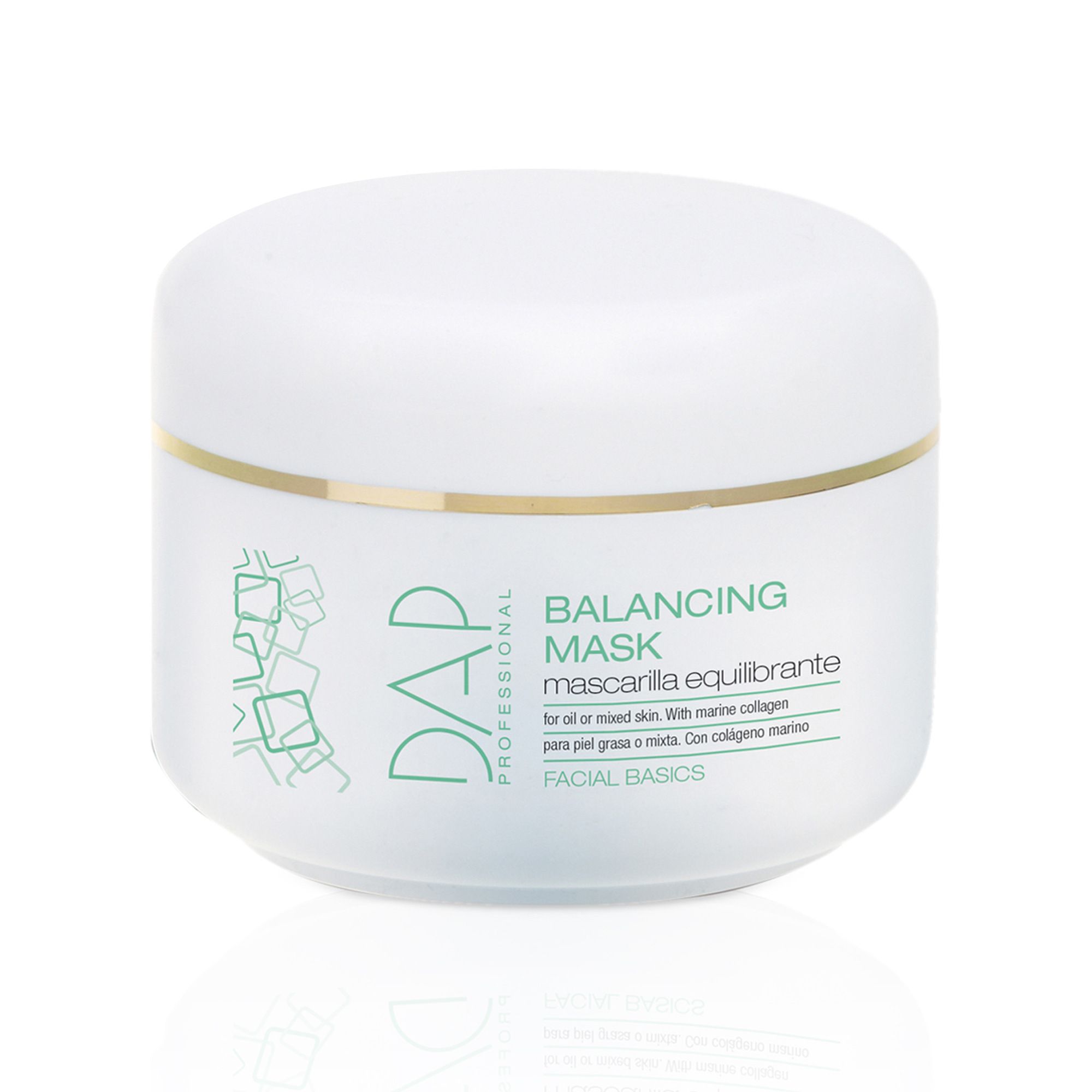 Vaso bianco con bordo dorato e testo verde. Scritta: DAP, Balancing Mask. Per pelli miste. Con collagene marino.