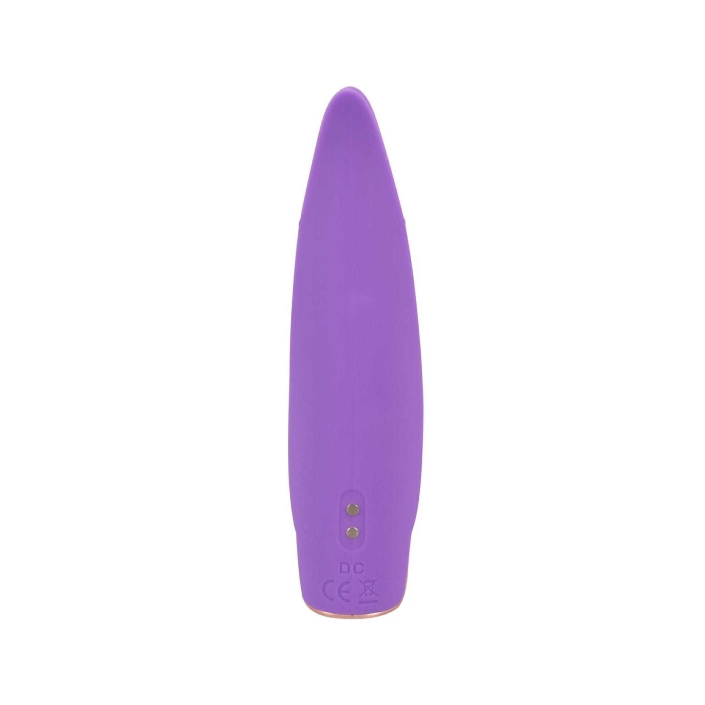 Stimolatore viola con dettagli dorati. Retro con due punti di contatto. Base dorata.