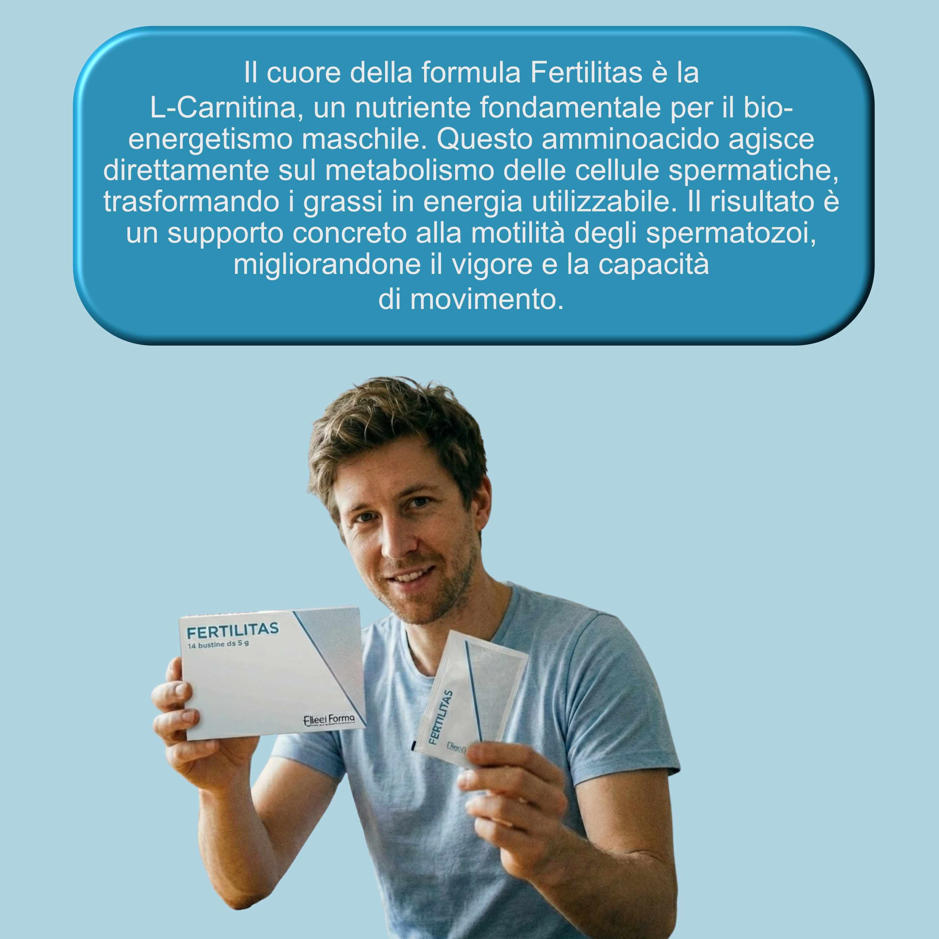 Un uomo tiene una scatola e due bustine FERTILITAS. Testo: Elleci Farma. Sfondo blu.