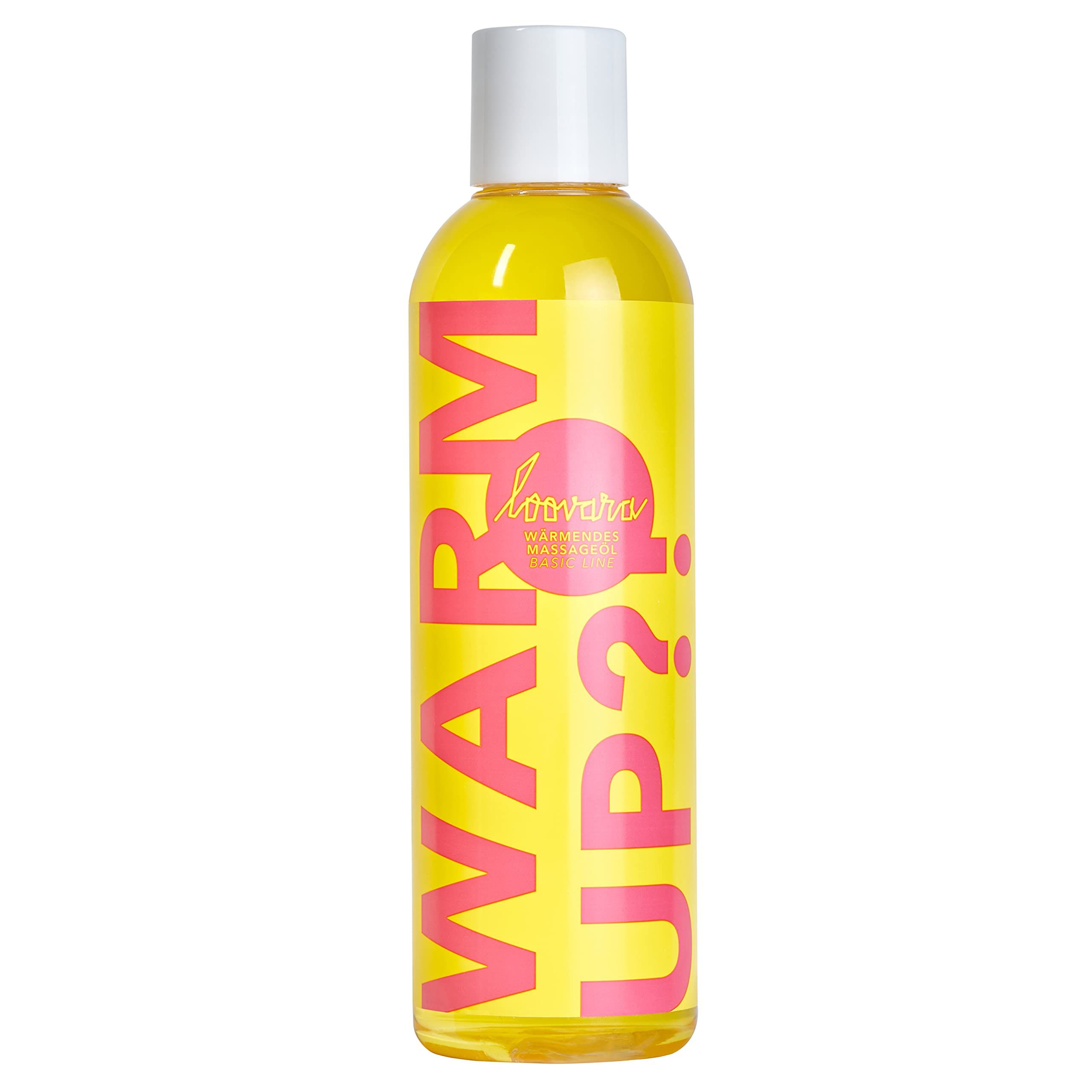 Flacone di olio da massaggio riscaldante Loovara Warm Up?! Intimate. Etichetta gialla con scritte rosa. Tappo bianco.