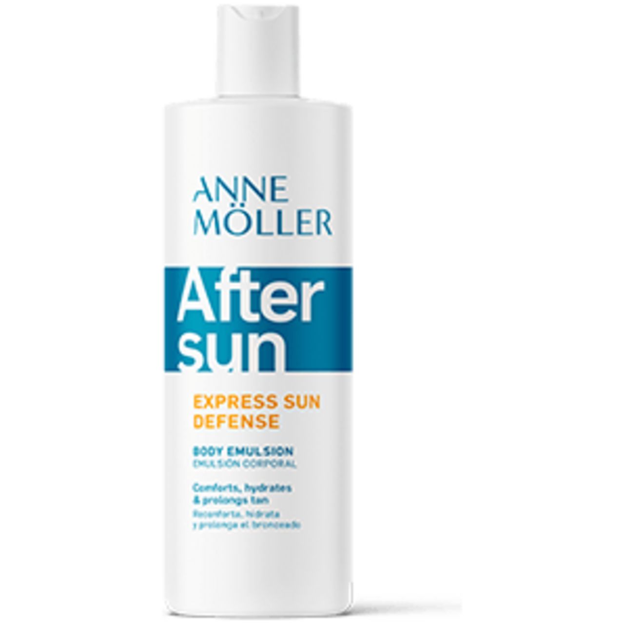 Flacone bianco con testo blu e arancione. Scritta: Anne Möller After Sun Express Sun Defense Body Emulsion.