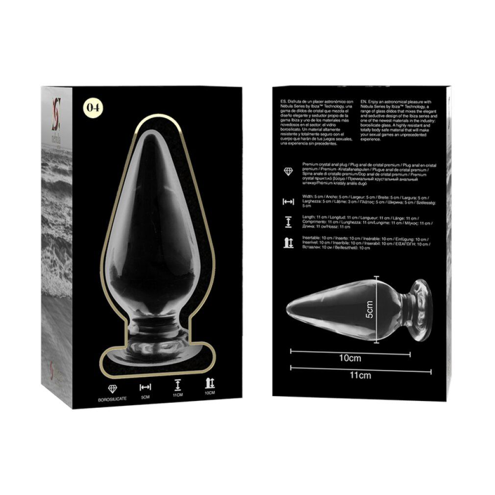 Spina anale in vetro borosilicato, affusolata, con flangia. Confezione e prodotto.