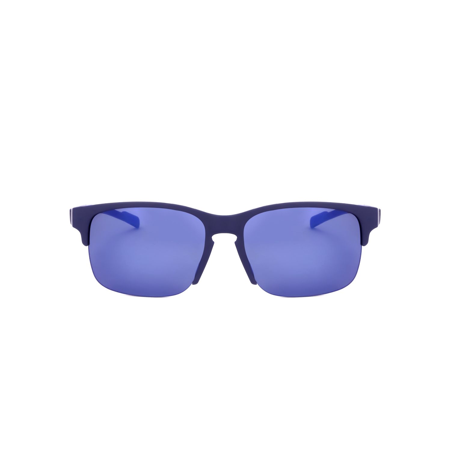 Occhiali da sole blu scuro con lenti blu a specchio e montatura sottile.