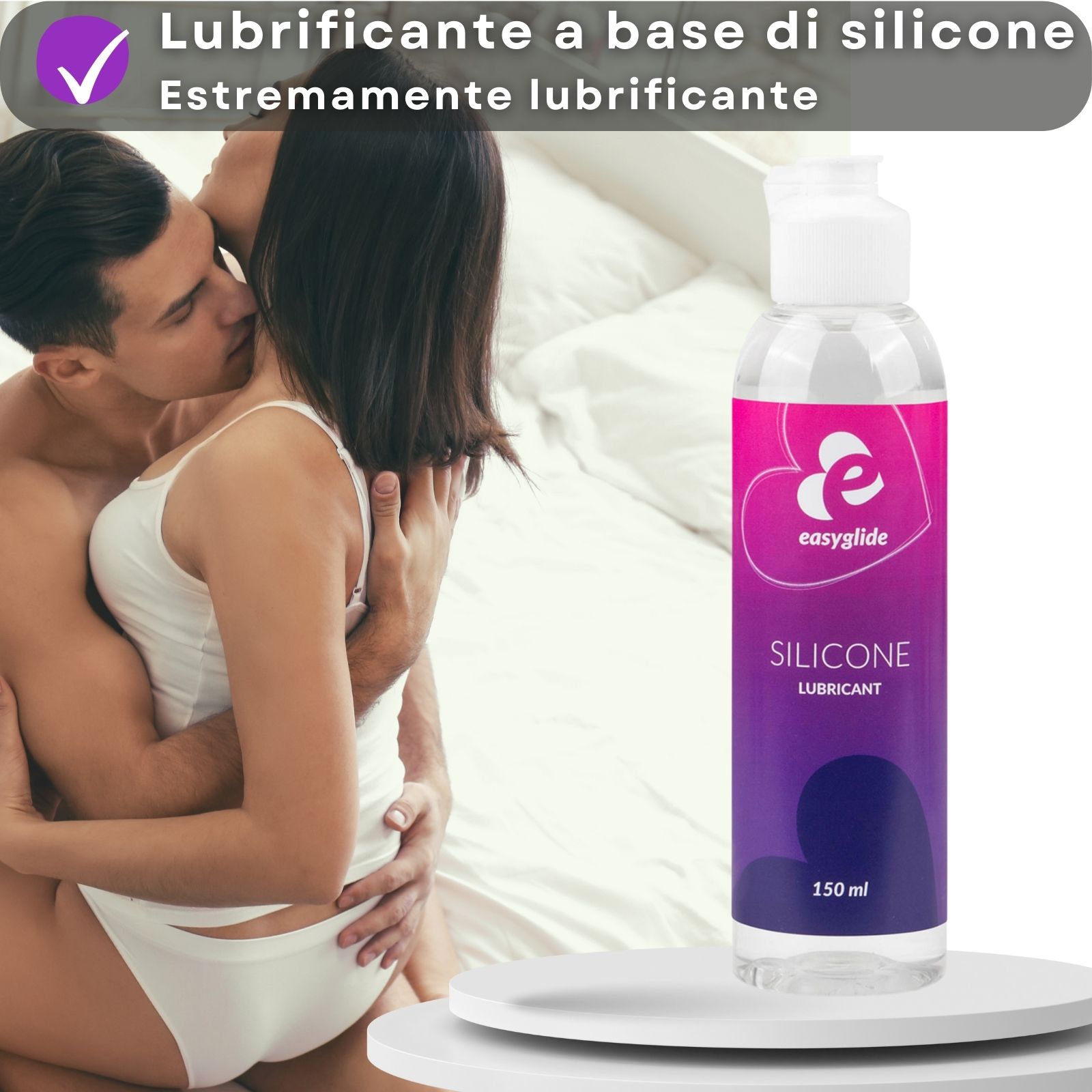 Flacone con tappo bianco. Scritta: Easyglide, Silicone Lubricant. 150 ml. Sfondo: donna.