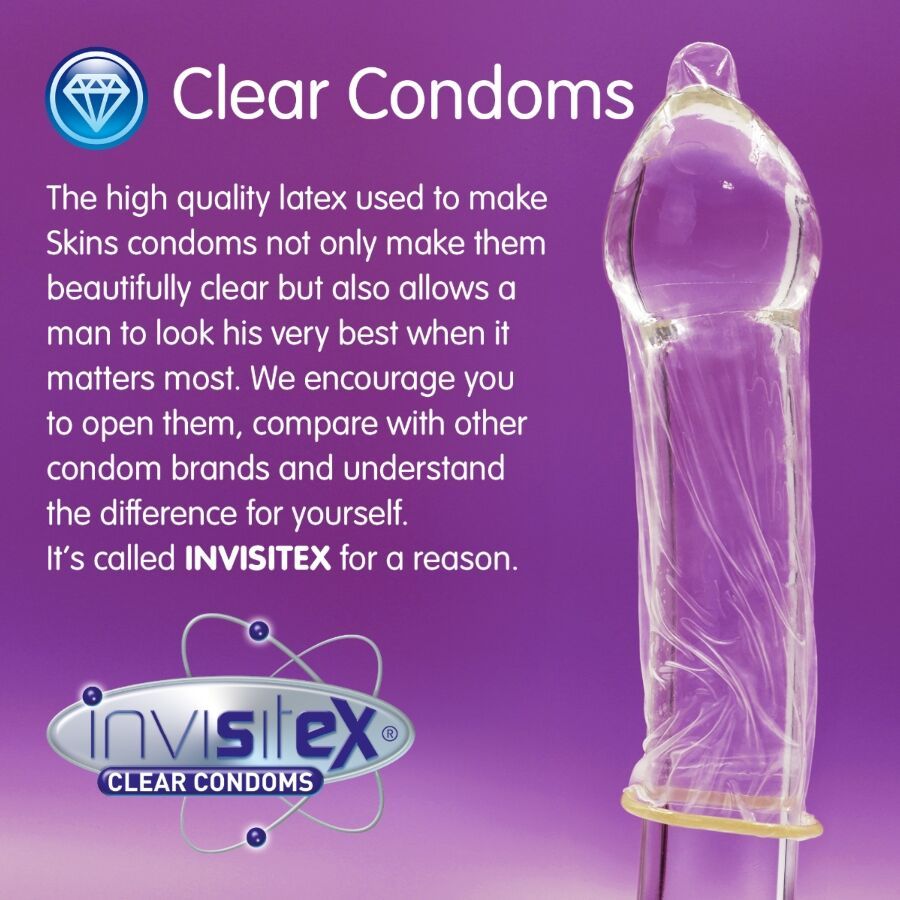 Preservativo trasparente su sfondo viola. Marchio: INVISITEX. Testo: Clear Condoms.
